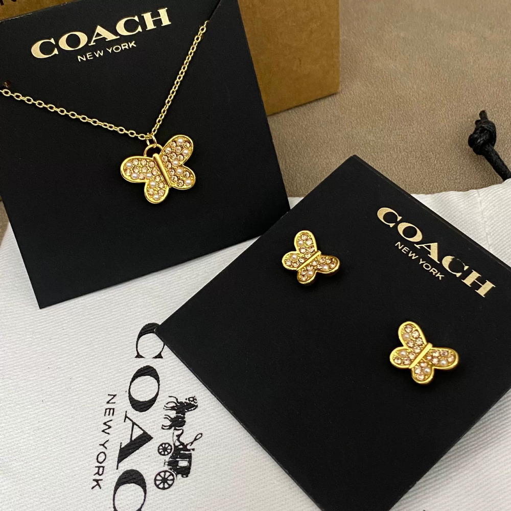 Coach Butterfly Seed Pearl Earrings Necklace Set with Rhinestone